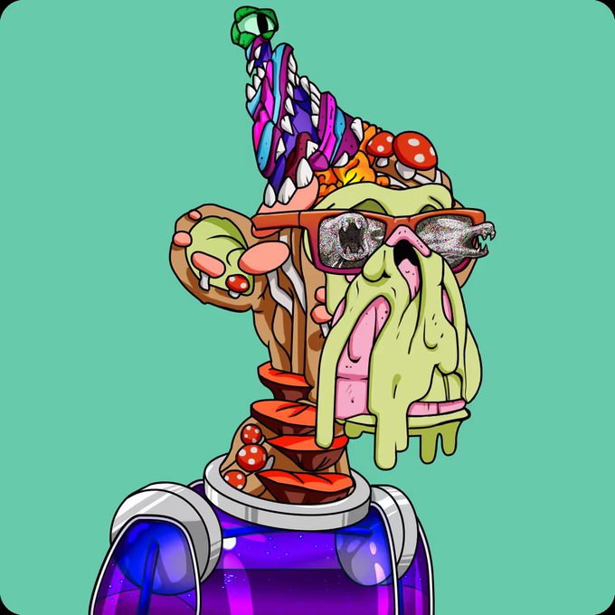The image features an anthropomorphic cartoon monkey wearing glasses and a party hat with a green top hat on its head, giving it a whimsical appearance. The monkey appears to be holding a slice of pizza or cake, adding to the playful atmosphere. The background is a light blue color that complements the monkey's outfit and enhances the overall visual appeal of the image.