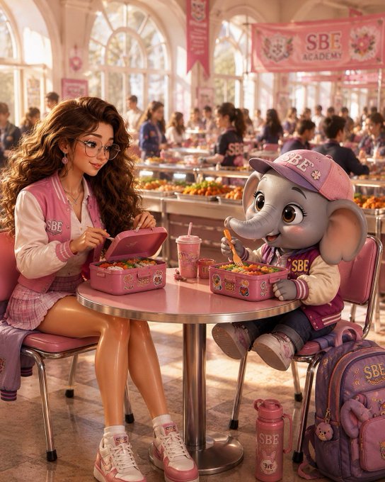 A detailed digital illustration showing a young woman with glasses and an anthropomorphic elephant character wearing 'SBE Academy' uniforms, sharing a pink lunchbox meal at a school cafeteria table.