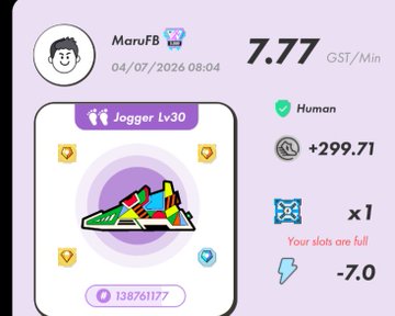 A screenshot from the STEPN app showing user MaruFB earning 7.77 GST/Min from a Jogger Lv30 sneaker NFT.
