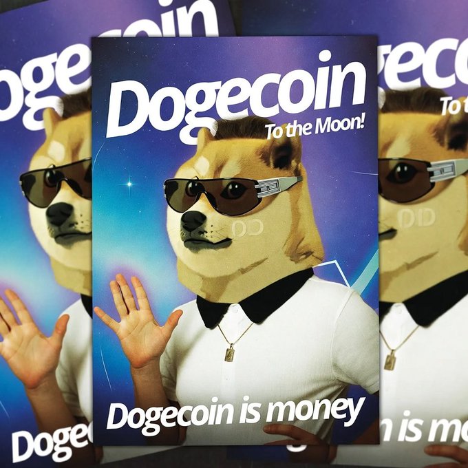 The image features a poster with a dog wearing sunglasses, sunglasses, and a tie, standing next to a person who has their hand raised. The poster also includes text that reads "Dogecoin is money" and "DOGE coin is money". This suggests that the poster is promoting Dogecoin as a means of making money or investing in cryptocurrency.