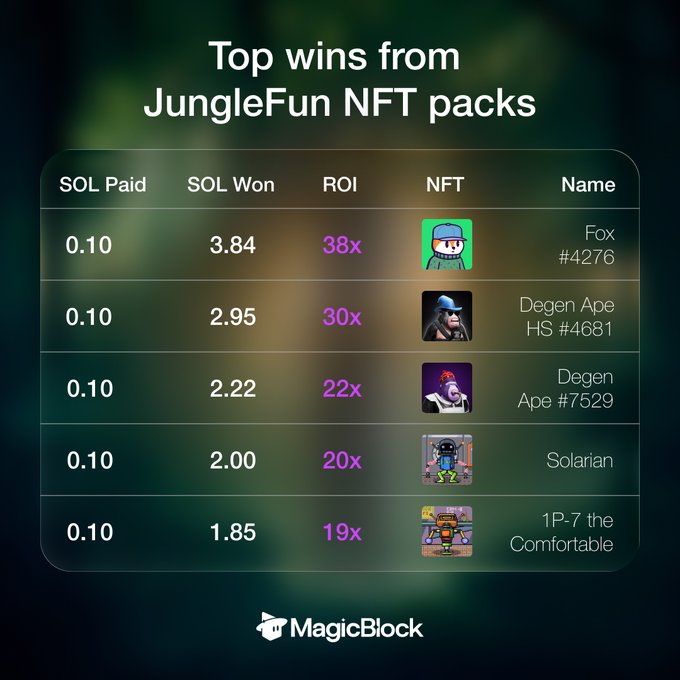 The image displays a leaderboard titled "Top wins from JungleFun NFT packs," showcasing five top-paying NFTs including Fox #4276 (38x ROI), Degen Ape HS #4681 (30x), Degen Ape #7529 (22x), Solarian (20x), and 1P-7 the Comfortable (19x), each won for just 0.10 SOL. Branded with the MagicBlock logo at the bottom, the graphic visually supports the post's claim that JungleFun.io users have been consistently landing big multipliers, with verifiable win amounts demonstrating the platform's payout performance over the past 10 days.