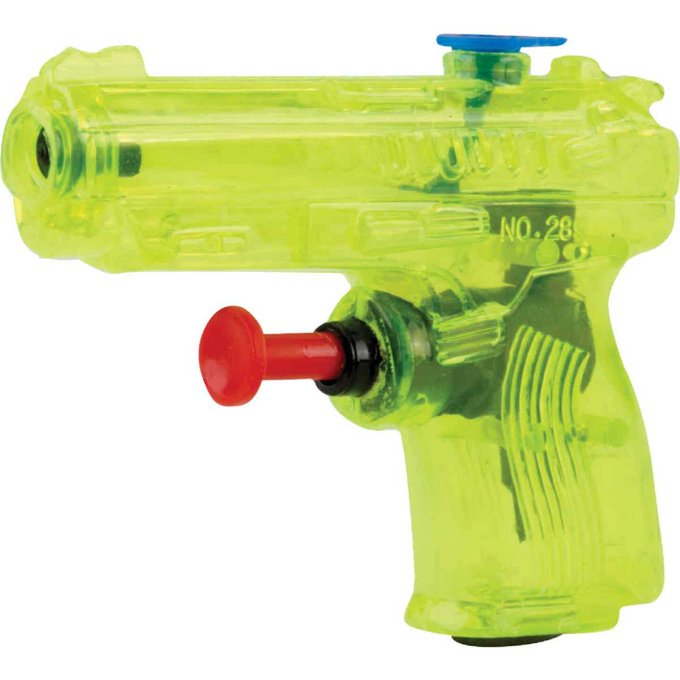 Translucent neon-green plastic toy gun (#28) with a blue top slide and red plunger-style firing button against a white background.