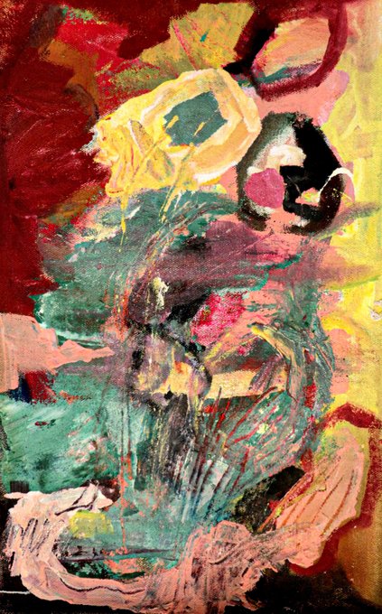 A vibrant abstract painting featuring swirling brushstrokes of red, yellow, green, and pink with an organic, fragmented composition that visually echoes the titles "Fragmentation" and "Retrieval," as pieces seem to emerge and dissolve across the chaotic yet expressive surface.