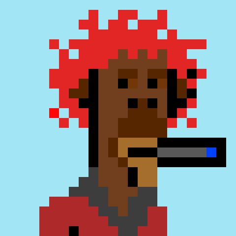 A low-resolution pixel art portrait of a person with bright red hair against a light blue background.