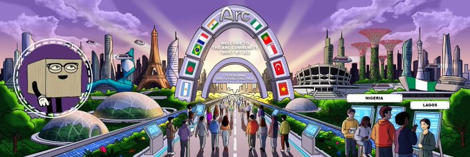 A colorful illustration depicting an "Arc" with international flags, futuristic cityscapes, and crowds of people, featuring a small cartoon mascot on the left.
