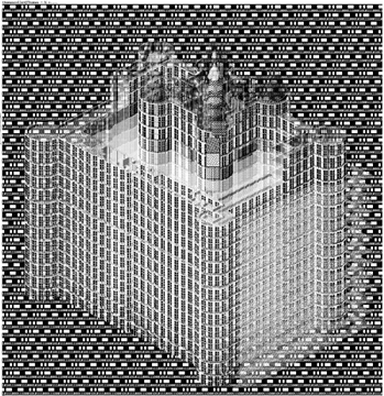 A black and white glitch art image of a skyscraper overlaid with patterns of binary code and glitch effects.