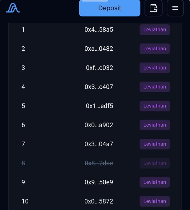 A dark-themed cryptocurrency or DeFi interface showing a numbered list of 10 wallet addresses (0x4...58a5, 0xa...0482, etc.) each labeled with a purple 'Leviathan' tag beneath a blue 'Deposit' button.