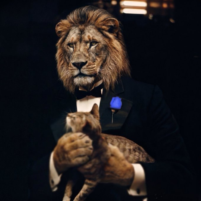 In the image, a man dressed in a tuxedo is sitting next to a cat wearing a bow tie. They are both looking at the camera with serious expressions. The caption "The Lion knows what's worth holding" suggests that they might be discussing or contemplating something important or valuable.