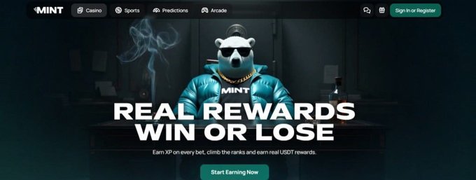 A dark promotional webpage for '$MINT' features a bear mascot in sunglasses and a teal puffer jacket, with the tagline 'REAL REWARDS WIN OR LOSE' and a 'Start Earning Now' button.