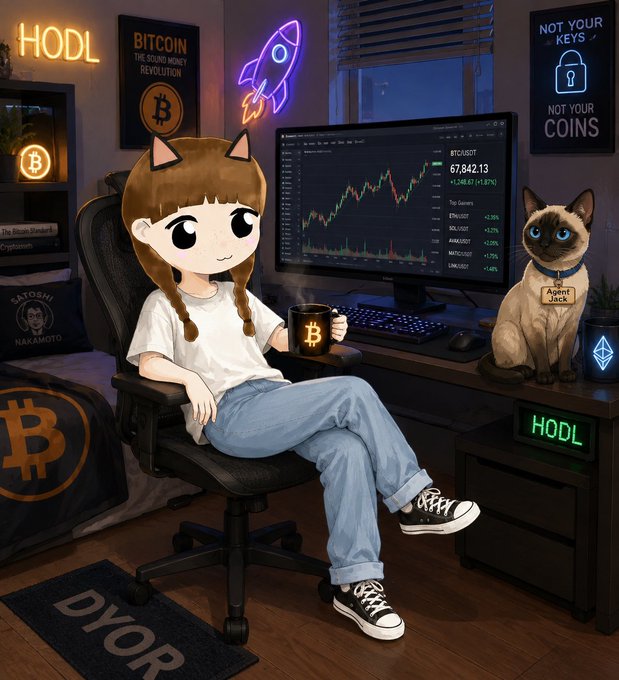 The image features a cartoon girl sitting at a desk with a computer monitor, keyboard, and mouse next to her. She has headphones around her neck, suggesting she might be listening to music or communicating with others. There are also cats in the scene, adding a playful touch to the composition. 

There is an illustration of Bitcoin logos near the top left corner, indicating a reference to cryptocurrency. Additionally, there's a neon sign above her desk that reads "HODL". The girl seems to be multitasking and enjoying her surroundings while engaged with technology.