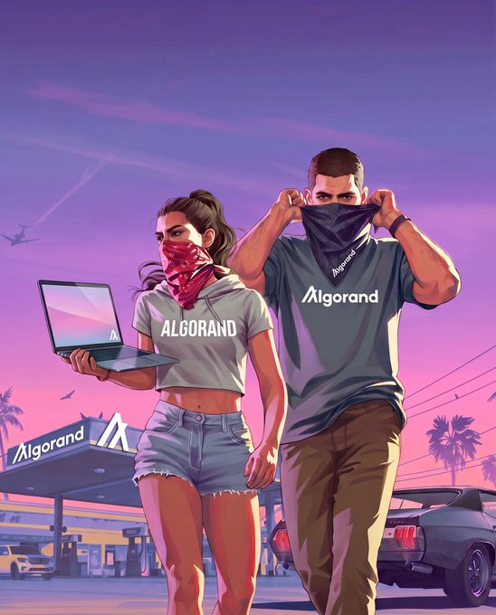 An illustrated scene shows a man and woman in Algorand-branded t-shirts with bandanas covering their faces, the woman holding a laptop, set against a purple sunset with a gas station in the background.