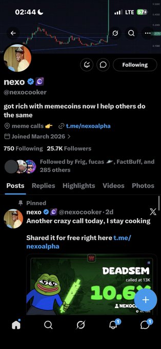 A Twitter/X profile screenshot of 'nexo' (@nexocooker) with 25.7K followers, advertising a memecoin call 'DEADSEM' that called at 13K, now at 10.6M.