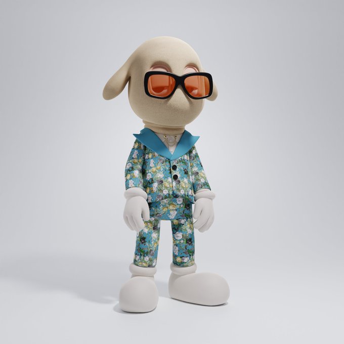 A 3D-rendered anthropomorphic bunny character wearing orange-tinted sunglasses and a light blue floral print suit (jacket and pants) with a teal collar and white gloves, standing on a plain white background — likely the NFT artwork being traded on OpenSea according to the accompanying post.
