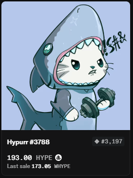 A cartoon cat character dressed in a shark costume labeled "Hypurr #3788" with a value of 193.00 HYPE and last sale of 173.05 WHYPE.
