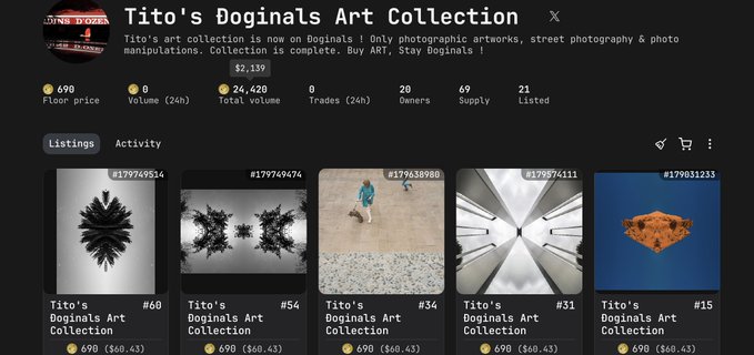 A Doginals marketplace page shows Tito's Doginals Art Collection with a floor price of 690, volume of 26,420, and listings including photographic artworks priced at 690 ($60.43) each.