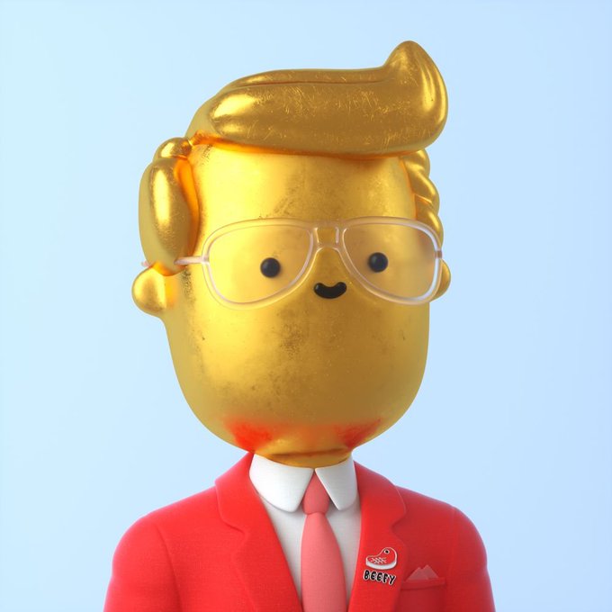 A 3D rendered character with a shiny golden head, clear glasses, and a red suit with a 'Beery' badge on the lapel, set against a light blue background.