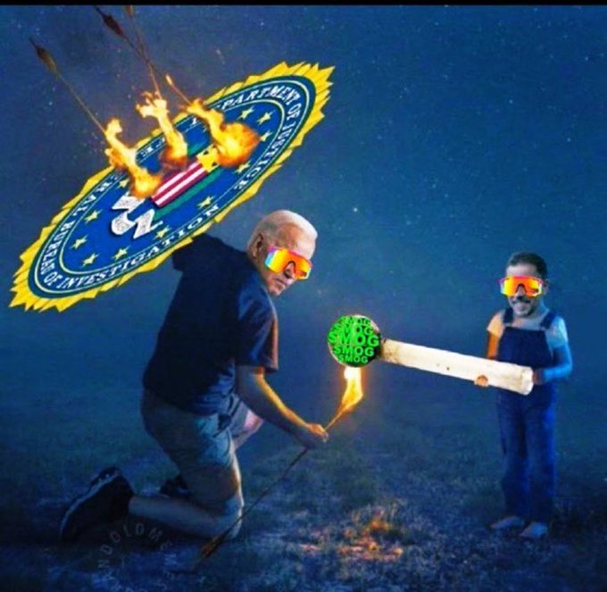A digital composite image showing an older man and a young child both wearing rainbow-tinted glasses outdoors at night; the man is lighting a projectile while a flaming seal resembling a government department logo falls from the sky, and the child holds a wooden bat with a green smiley-face ball labeled 'SMOG'.