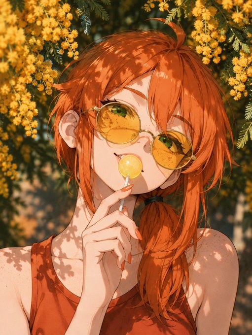 An anime-style girl with orange hair and yellow-tinted sunglasses enjoys a lollipop amid bright yellow blossoms, her relaxed, carefree vibe pairing perfectly with the chill weekend "gm" mood of the post.