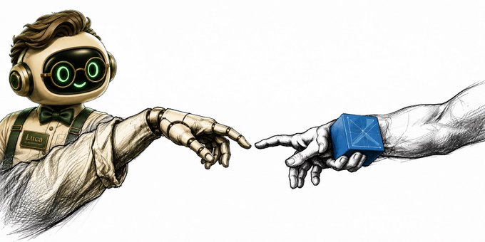 The image features a robot with a green head, wearing glasses and a bow tie, standing next to a human figure who has blue hands holding a blue cube. The background of the image is white, which contrasts with the colorful elements of the robot's design. The caption below the image reads "surplusintelligence.ai integrated into @AskLucaAI So cool when AIs become customers. x.com/i/status/20589". This suggests that the image might be related to a post about AI integration or a discussion on the capabilities and potential of artificial intelligence.