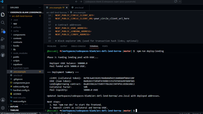 A screenshot of a code editor (VS Code) displaying a terminal running "npm run deploy:lending" for an "arc-defi-lend-borrow" project, showing a funded pool with USDC.