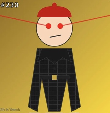 An illustration of a character wearing a red hat and black jacket labeled 'Girl In Trench' against a yellow background, part of a '#230' collection.