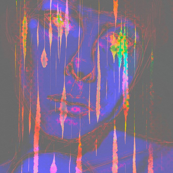 A stylized, glitchy digital portrait with neon blue, pink, red, and green colors, featuring vertical distortion streaks over a face.