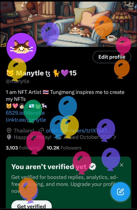A Twitter/X profile screenshot for user '@manytle' displays '1 am NFT Artist' with links to 6529.io and linktr.ee/manytle, showing 3,103 following and 10.2K followers, overlaid with colorful balloon graphics.