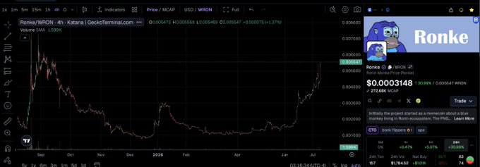 TradingView chart for Ronke/WRON on Katana GeckoTerminal showing a price of $0.0003148 and a 30.95% increase, with a meme-style blue character as the token's avatar.