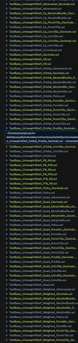 A file directory screenshot displays numerous test files with names like "TestBase_UniImageKit4Deti_Adversarial.sol" through "TestBase_UniImageKit4Deti_Weighted.sol," alongside "_Deployment" project files and folders such as "Shard_Adversarial," "Shard_Decimals," and "Shard_Weighted," suggesting this is part of a Playwright testing suite for DeFi configurations. The image visually supports the post's message about extensive testing scenarios required for building a financial lego kit, showing the volume of test cases that must be executed during local deployment rehearsal and UI testing.
