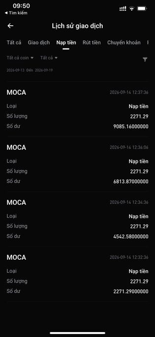 A mobile app screenshot in Vietnamese showing a transaction history page ("Lịch sử giao dịch") with multiple MOCA deposits in Vietnamese Dong (Nạp tiền) dated 2026-09-13 and 2026-09-14.