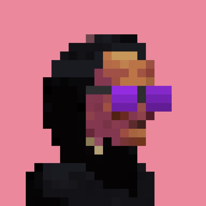 A low-resolution pixel art profile silhouette of a person with dark hair wearing purple sunglasses, set against a solid pink background.