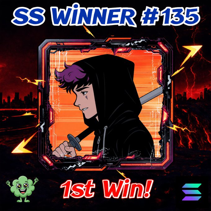 A "1st Win!" achievement screen celebrates "SS WINNER #135" with an anime-style character in a black hood holding a sword, framed by a red tech-themed border with a small green mascot in the corner.