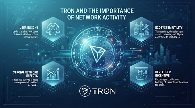 Infographic titled 'TRON AND THE IMPORTANCE OF NETWORK ACTIVITY' highlighting four pillars: User Insight, Ecosystem Utility, Strong Network Effects, and Developer Incentive.