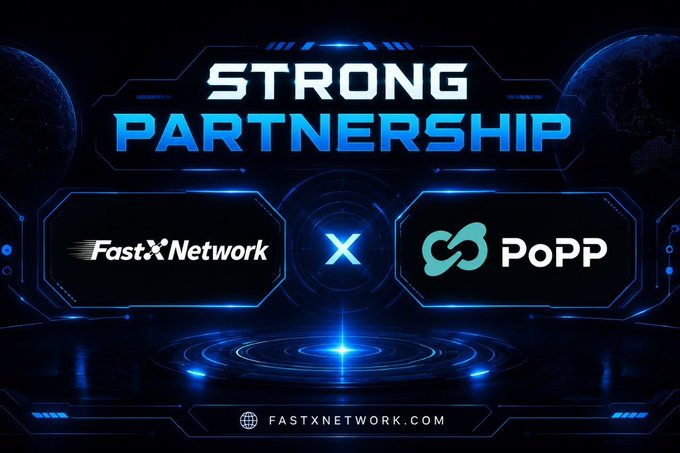 A promotional graphic with a blue futuristic design announcing a 'STRONG PARTNERSHIP' between 'FastXNetwork' and 'PoPP', with the website FASTXNETWORK.COM displayed at the bottom.