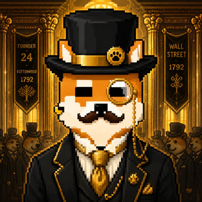 A pixel-art style illustration of a dog dressed as a wealthy Victorian gentleman, wearing a black top hat with a paw print emblem and a monocle, standing between banners reading 'FOUNDER 24 BUTTONWOOD 1792' and 'WALL STREET 1792'.