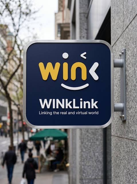 A branded "WINKLink" sign reading "Linking the real and virtual world" is mounted on a stone building facade, symbolizing the seamless integration of digital and everyday transactions like WIN token transfers with convenient USDT fee payments on Binance Wallet.