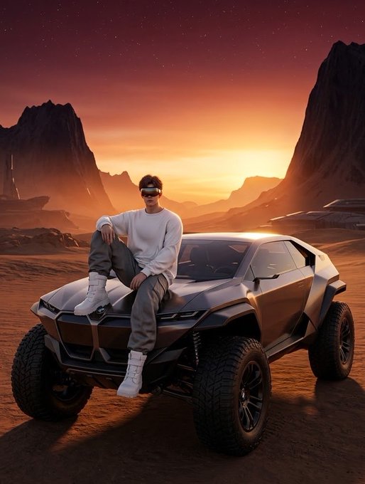 An AI-generated image of a man in sunglasses, a white sweatshirt, and grey pants sitting on the hood of a futuristic angular car in a desert landscape at sunset.