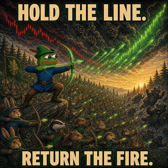 A meme-style illustration depicting the Pepe the Frog character dressed as Robin Hood, drawing a glowing green arrow, leading an army of rabbits and woodland creatures in battle against shadowy bear-like monsters, with the text 'HOLD THE LINE. RETURN THE FIRE.' and stock chart graphics in the background.