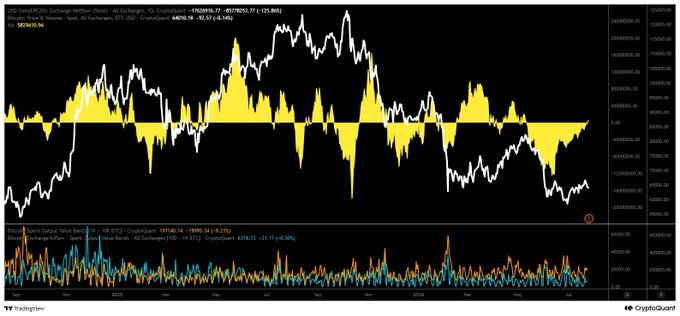 A TradingView chart from CryptoQuant showing a CryptoQuant chart with BTC/USDT price action overlaid with a yellow Volume Oscillator indicator, with settings (20, 30).
