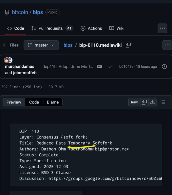 A GitHub repository screenshot for 'bitcoin/bips' showing the master branch file 'bip-0110.mediawiki', with metadata indicating BIP 110 'Reduced Data Temporary Softfork' authored by Dathon Ohm, with a yellow underline highlighting the author information.
