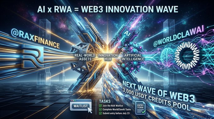 A promotional graphic titled 'AI x RWA = WEB3 INNOVATION WAVE' featuring 'REAL-WORLD INNOVATION HUB' and 'ARTIFICIAL INTELLIGENCE' with handles '@RAXFINANCE' and '@WORLDCLAWAI', advertising a 'NEXT WAVE OF WEB3' contest with a 3,000 USDT credits pool and tasks to join the RAX waitlist, complete WorldClawAI tasks, and submit entry before July 23.