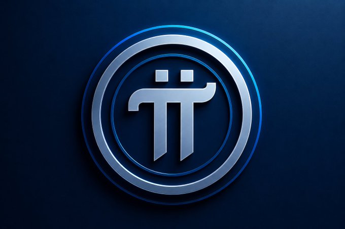 A metallic silver Pi (π) cryptocurrency logo is displayed within a circular silver emblem against a deep blue background.