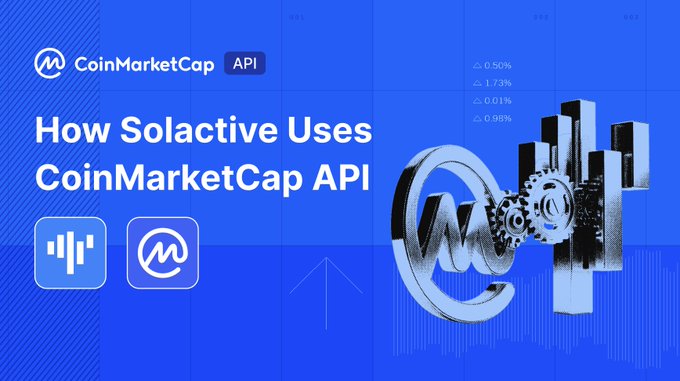 A promotional graphic with a blue background titled "How Solactive Uses CoinMarketCap API," featuring the CoinMarketCap logo, two app icon badges, and a 3D mechanical gear design, illustrating the integration of CMC's cryptocurrency data into Solactive's benchmark indices distributed on Nasdaq, Bloomberg, and Reuters.
