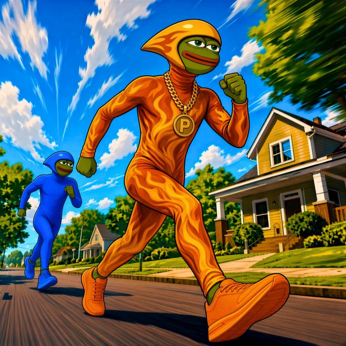 An illustration of Pepe the Frog characters in orange and blue bodysuits running down a suburban street, with the lead frog wearing a gold chain and a medallion with the letter "P".