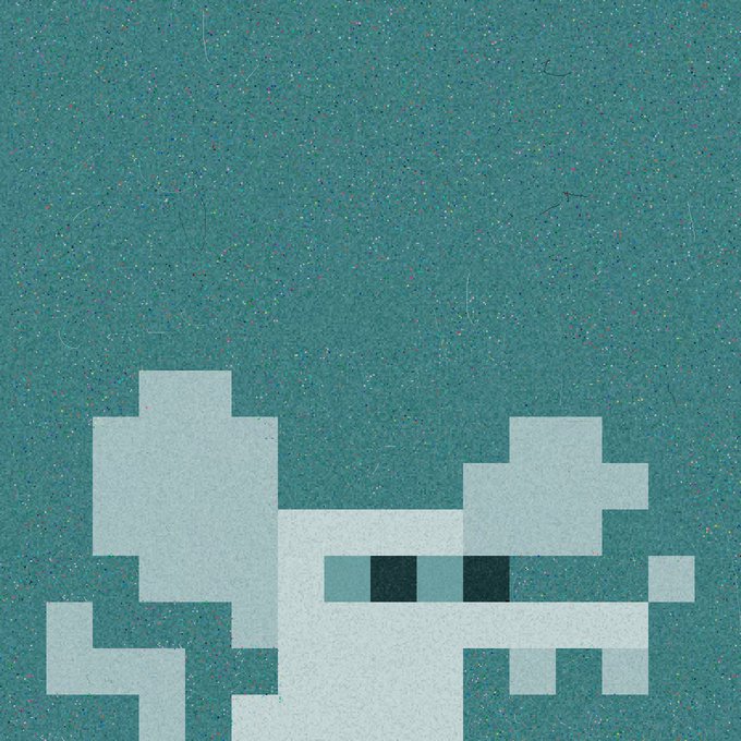 A pixelated, teal-and-white creature with dark eyes sits against a textured teal background, exemplifying the 16×16 pixel art style referenced in the post—where small, simple sprites are upscaled and given a grainy texture to create a deliberately retro yet handcrafted aesthetic.