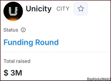 The image shows a funding round card for Unicity CITY displaying a "Funding Round" status with a total raised amount of $3M, corroborating the post's claim about Unicity Labs' $3 million raise for their decentralized AI agent infrastructure airdrop.