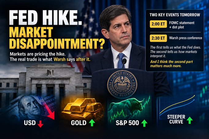 A financial graphic titled 'FED HIKE. MARKET DISAPPOINTMENT?' featuring a man at a podium, with key events listed at 2:00 ET and 2:30 ET, and indicators showing USD down, Gold up, S&P 500 up, and a steeper curve.
