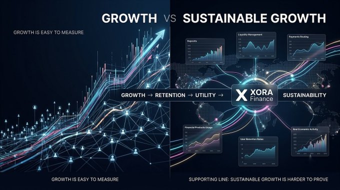 A digital graphic titled 'GROWTH vs SUSTAINABLE GROWTH' comparing easily measurable growth charts on the left with XORA Finance's sustainable approach on the right, showing metrics like Deposits, Liquidity Management, Payments Routing, Financial Product Usage, User Behavior Metrics, and Real Economic Activity.