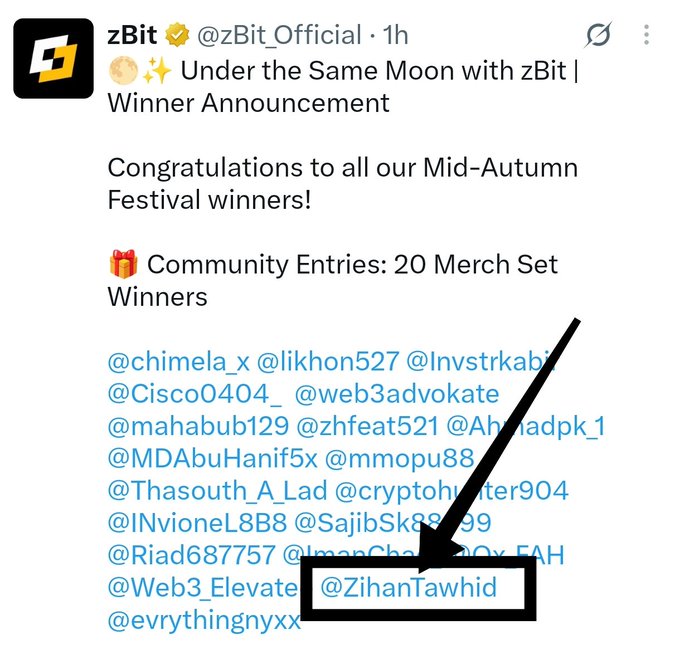 A tweet from zBit (@zBit_Official) announcing Mid-Autumn Festival giveaway winners, with a box and arrow specifically highlighting the username '@ZihanTawhid' among the listed Community Entries winners.