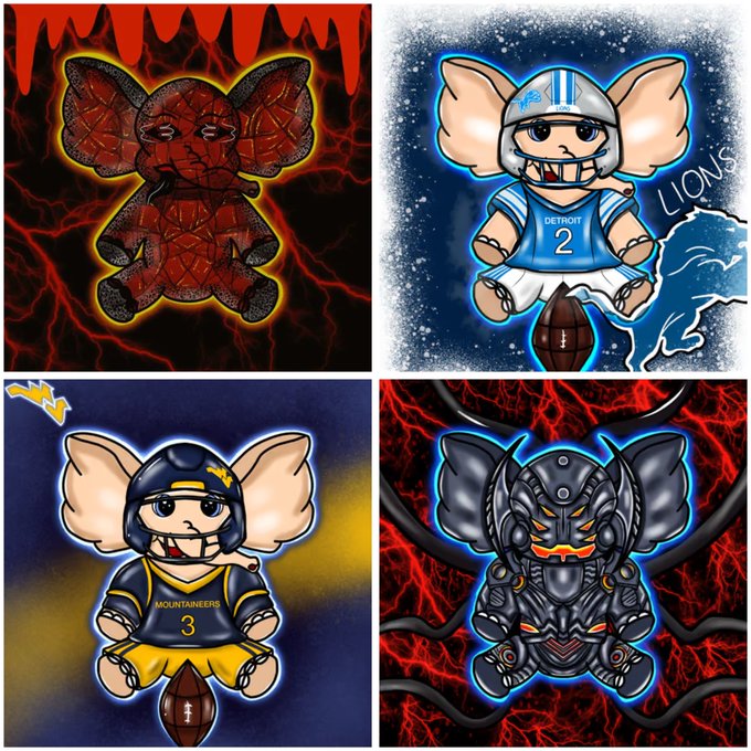A four-panel collage of cartoon mascot-style characters including a demonic voodoo doll, a Detroit Lions football mouse in a #2 jersey, a West Virginia Mountaineers football mouse in a #3 jersey, and a futuristic armored bat-like creature.